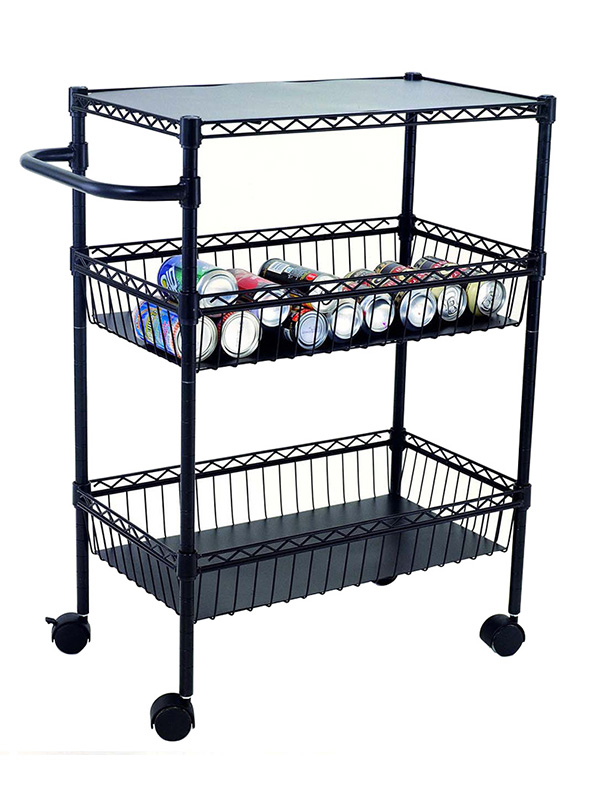 烤漆黑色三層廚房小餐車(chē)_網(wǎng)籃手推車(chē)_置物收納車(chē)